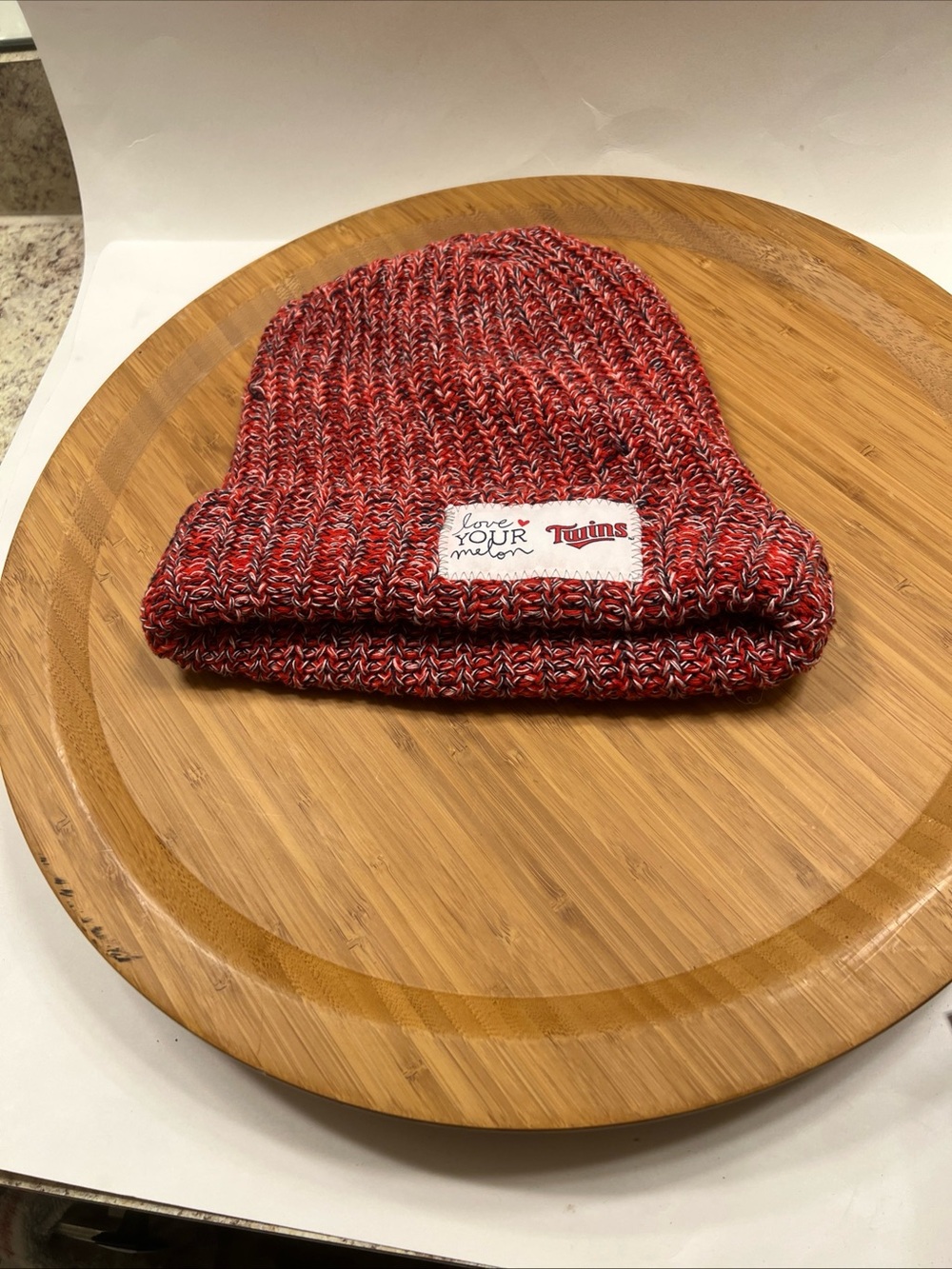 Love Your Melon Red Marled Knit Beanie with Twins Patch pre- Loved